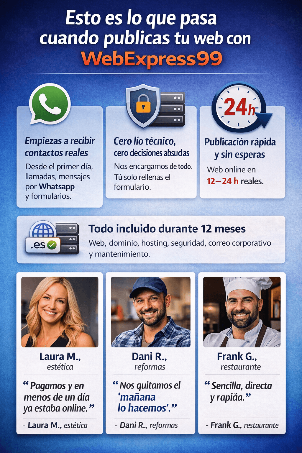 Publica “ya” y empieza a recibir contactos: WhatsApp, llamada y formulario. Todo incluido 1 año. Online en 12–24 h tras completar el formulario (según propagación).