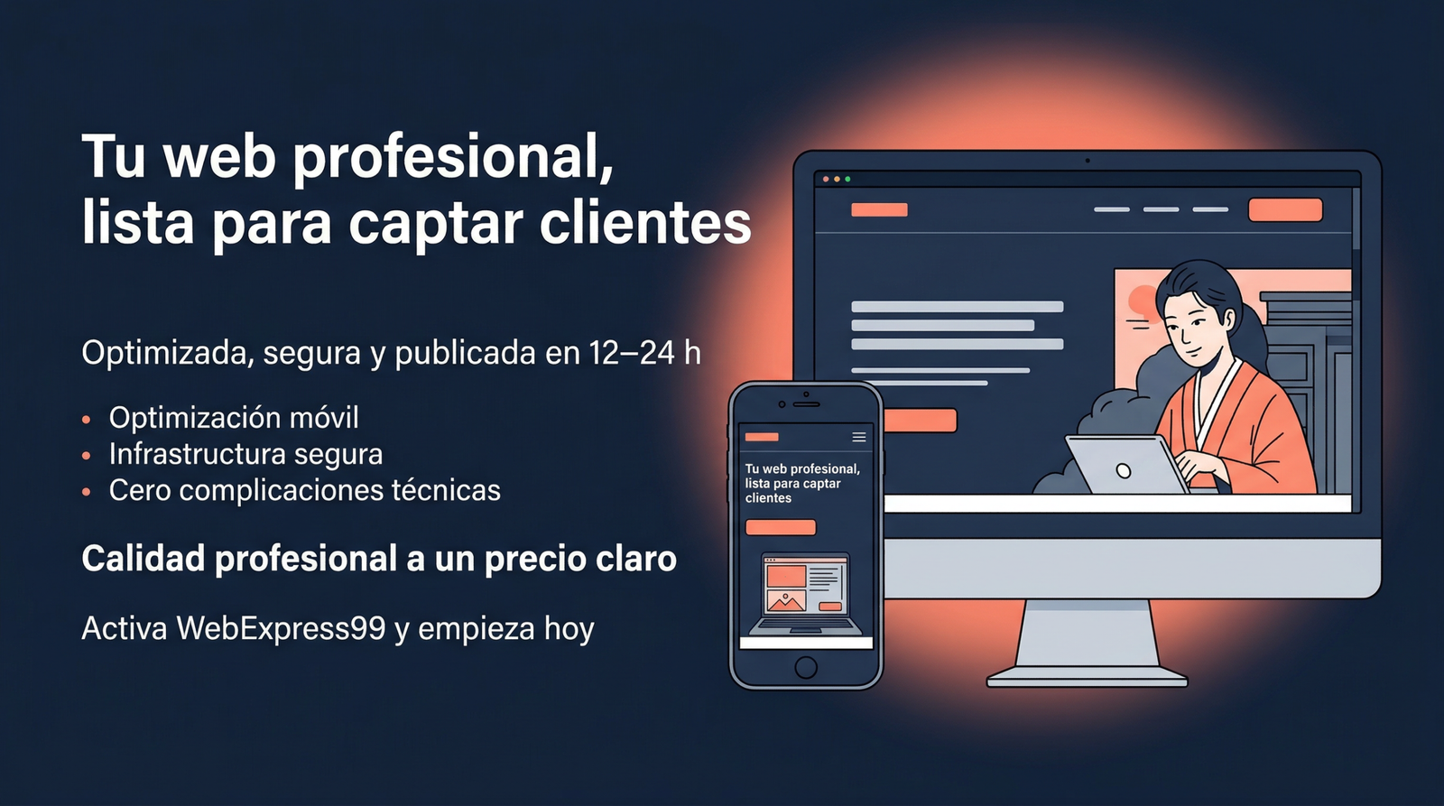 CTA final de WebExpress99 con web profesional lista para captar clientes, segura y publicada en 12–24 horas