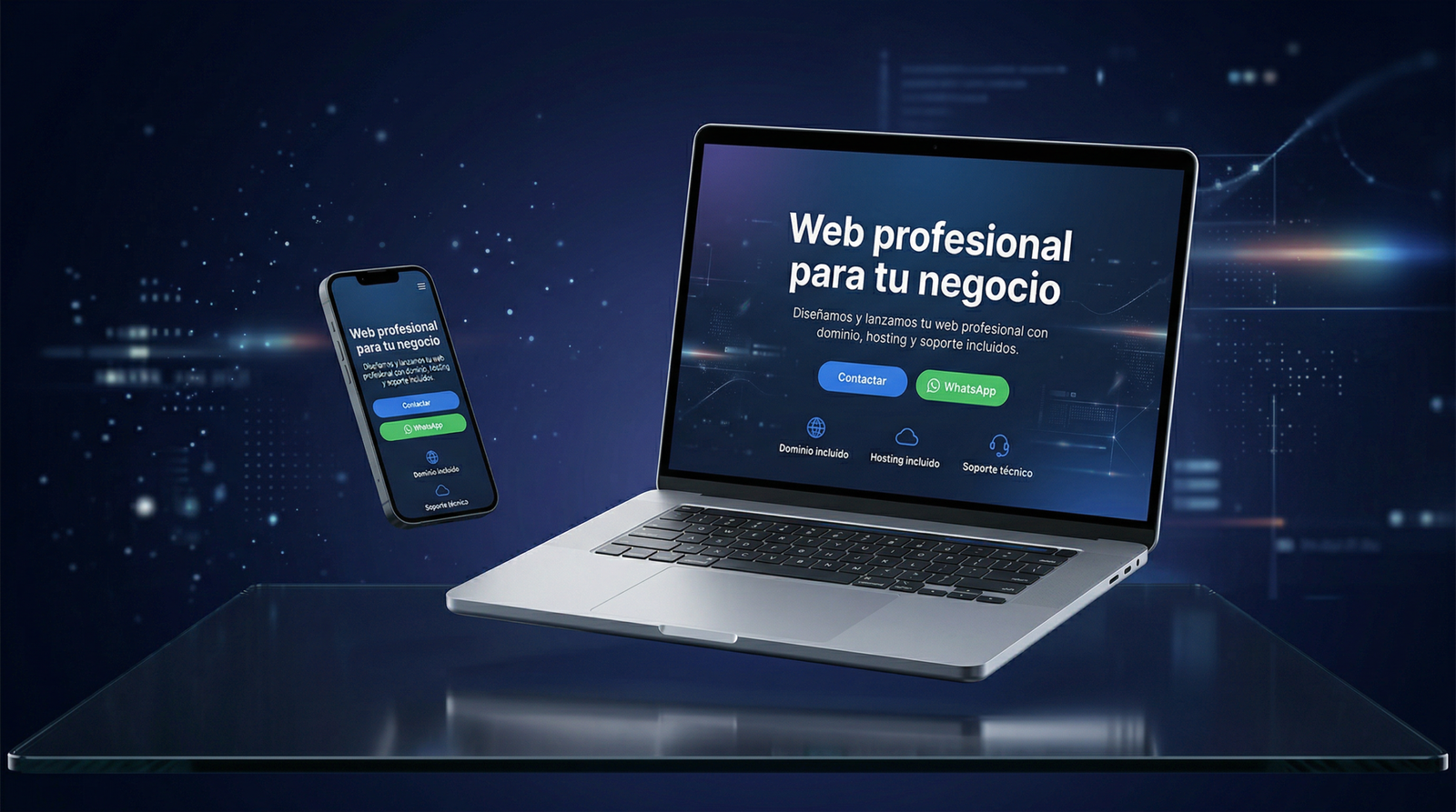 Imagen hero de web profesional para negocios mostrando un sitio web moderno en laptop y móvil. Servicio completo con diseño web, dominio, hosting y soporte técnico incluido para empresas que quieren mejorar su presencia digital.